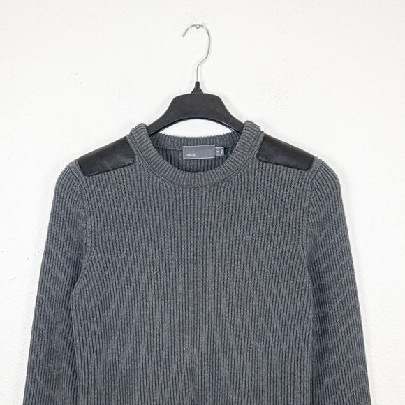Vince Men's Cotton Ribbed knit Crew Sweater leather shoulder patch M - Picture 5 of 8